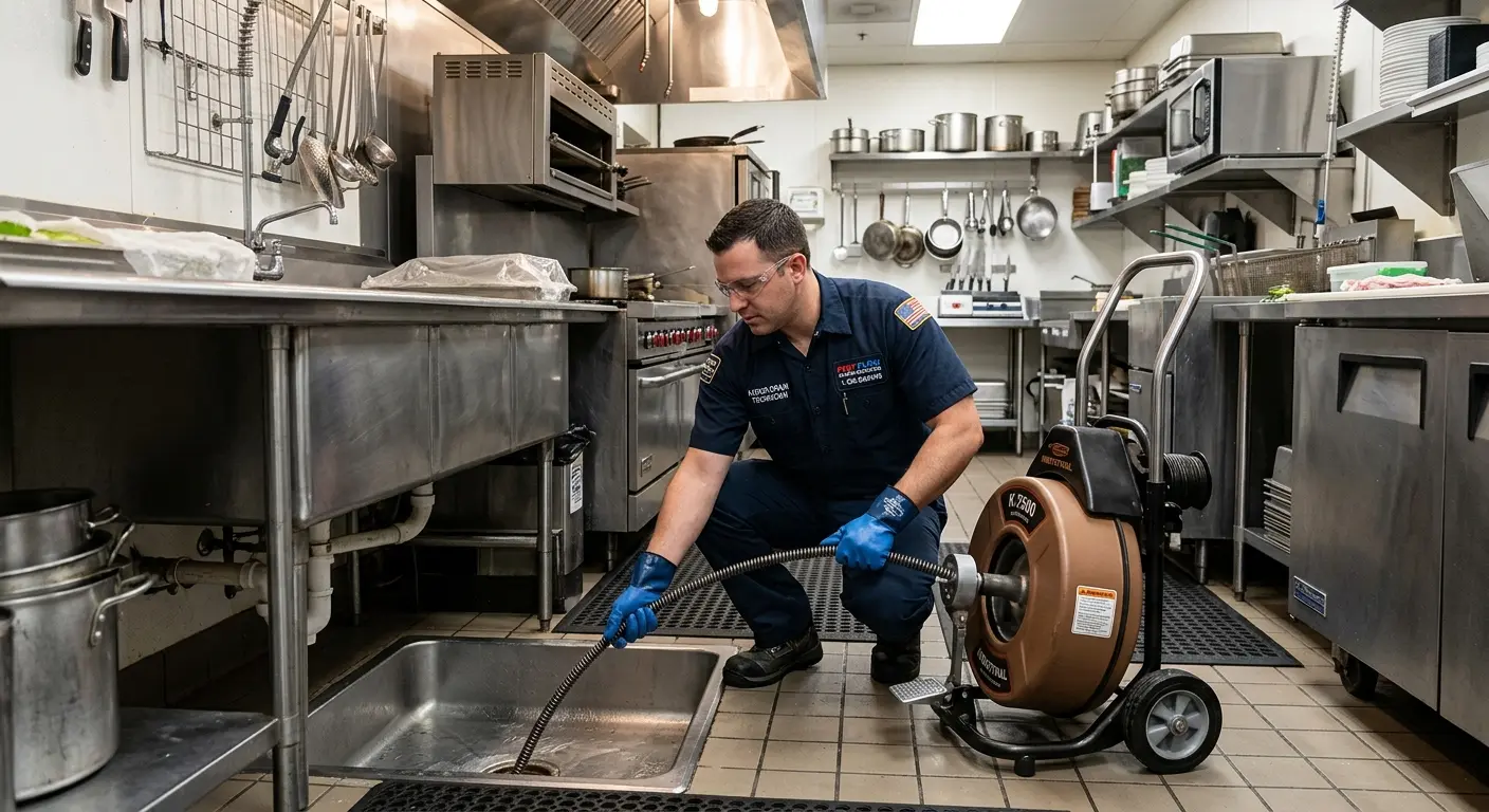 Commercial drain cleaning service in a restaurant kitchen in Sycamore