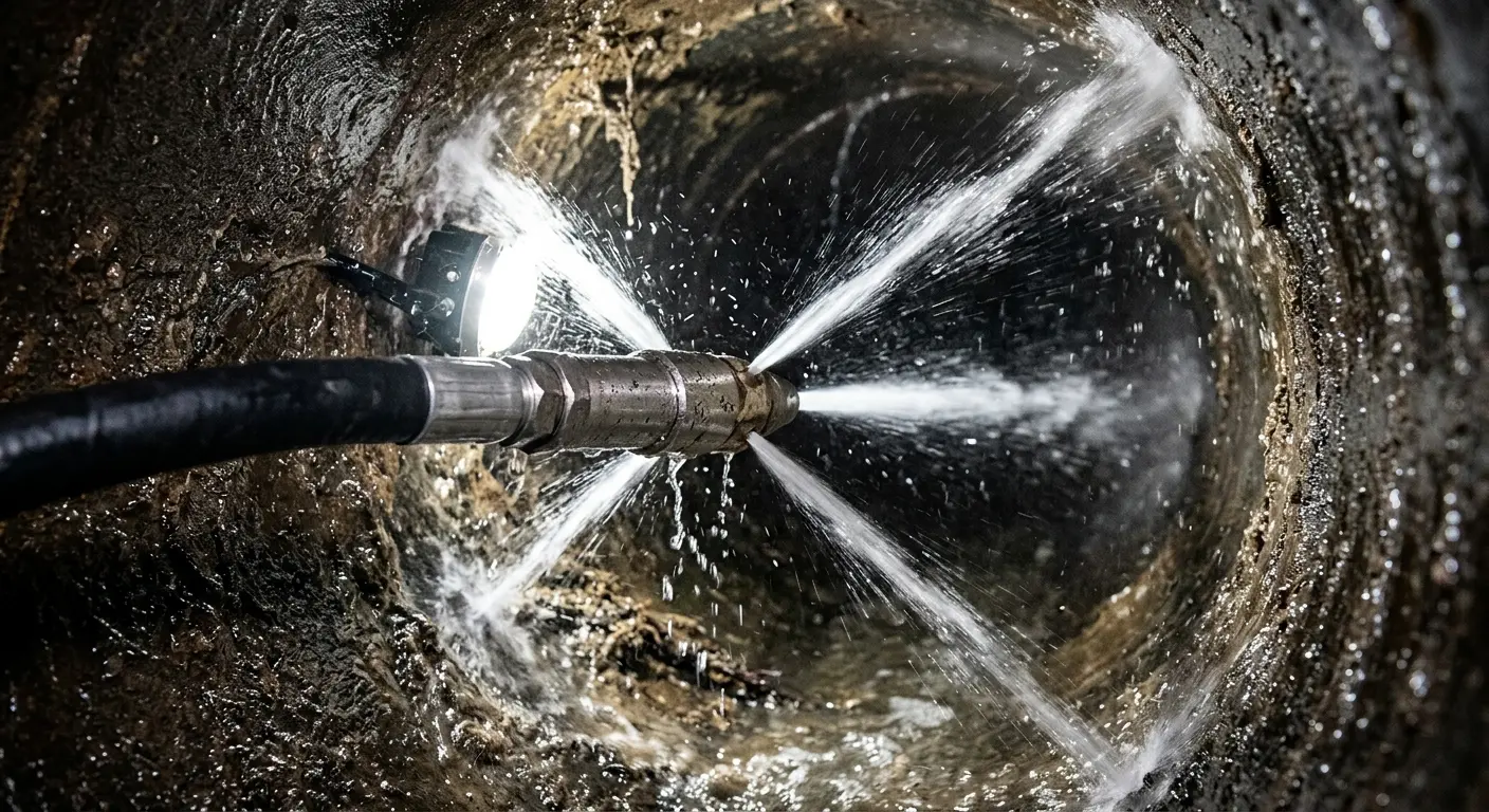 High-pressure hydro jetting nozzle cleaning sewer pipe for Trenchless Sewer Repair in Sycamore