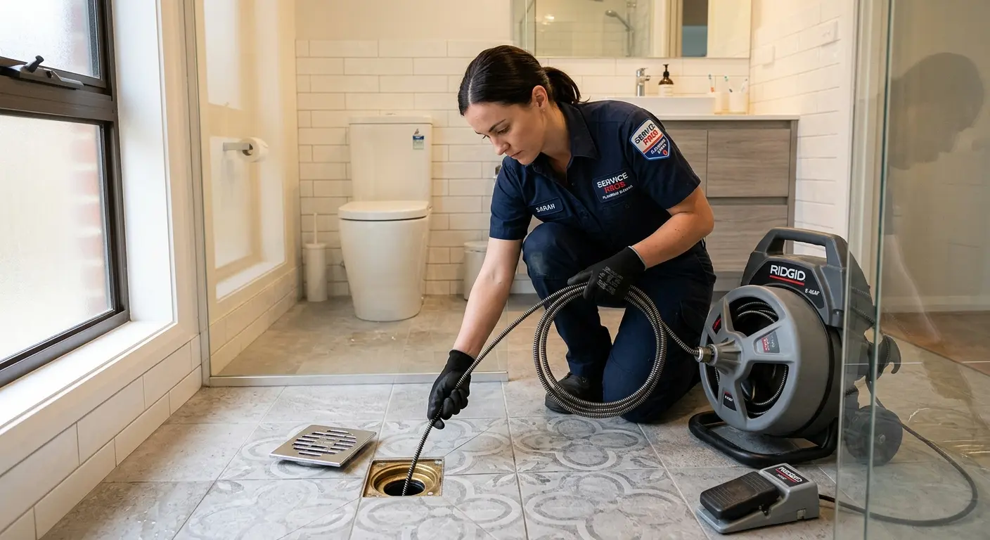 Technician clearing a bathroom floor drain for Drain Repair in Sycamore